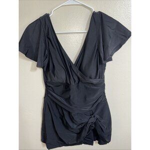 Women's Black Full Coverage Swim dress Large NWT flutter sleeves tie front